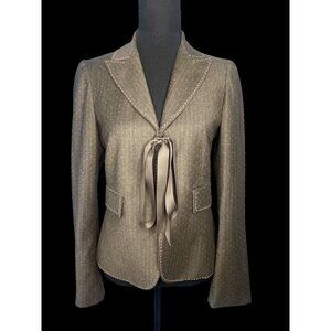 Rebecca Taylor Wool Blend Fitted Blazer Womens 4 Brown/ Pink stitching Heritage
